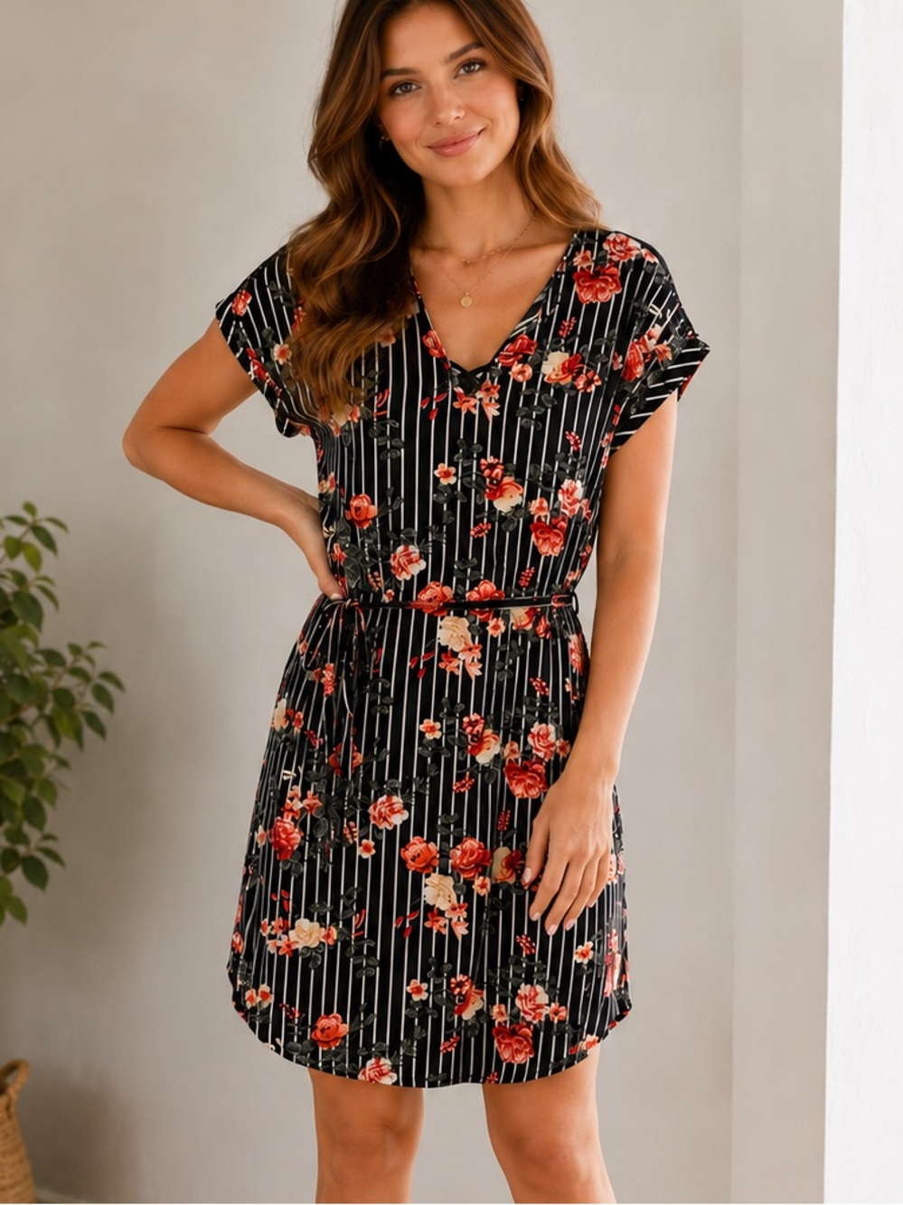 NWT Bobbie Brooks Floral Striped Dress Black Red Tie Waist Short Sleeve Size L